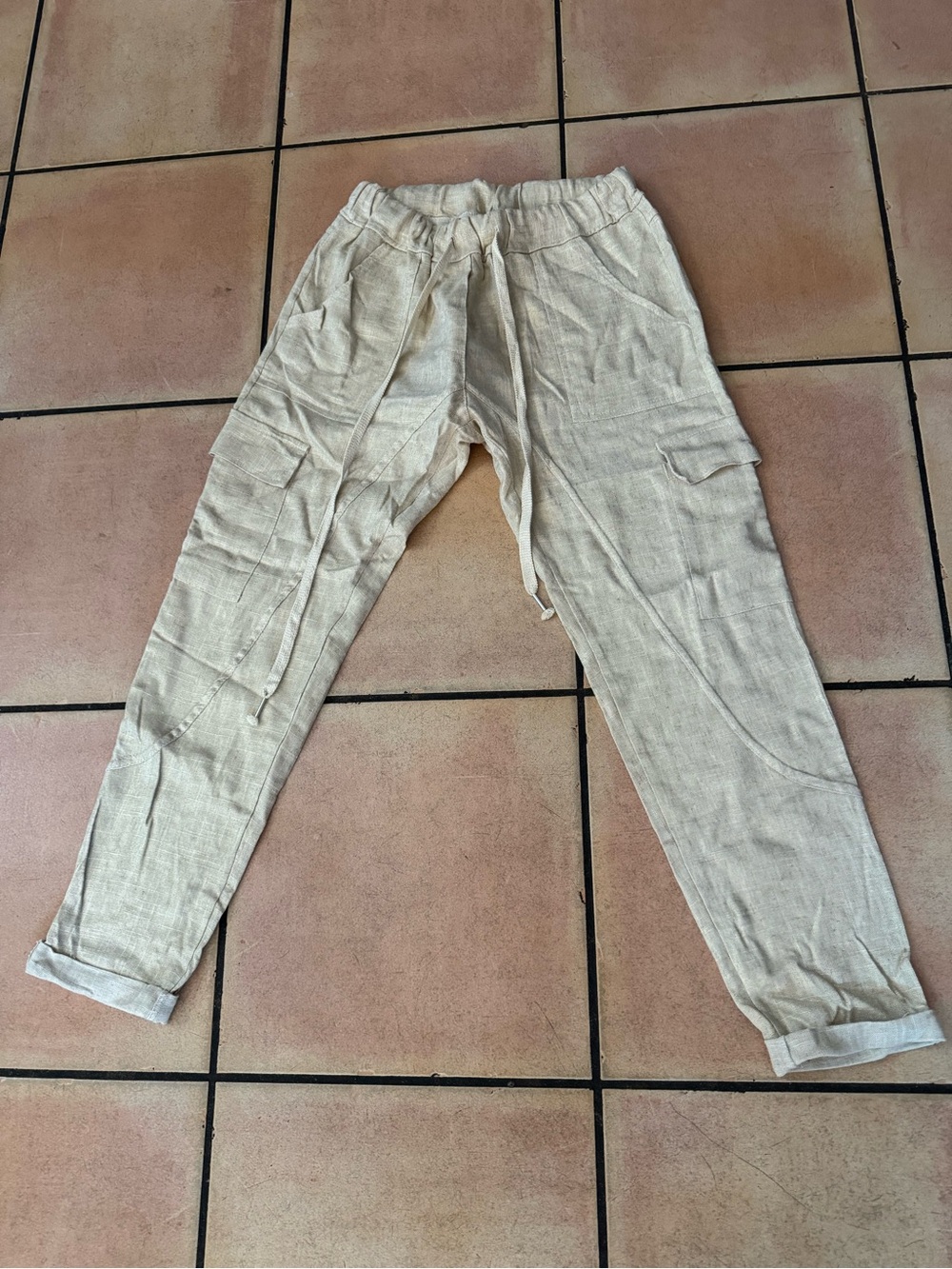 Venti Casual Drawstring Linen Cargo Pants - Cream